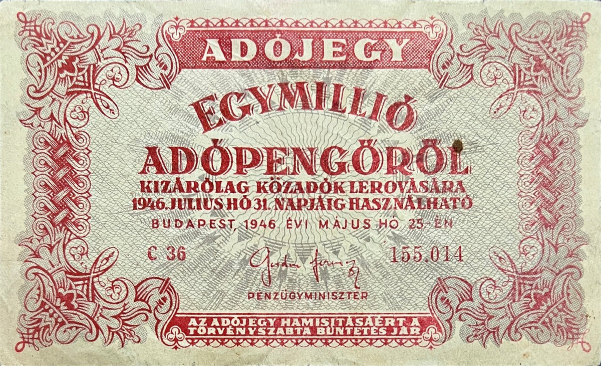 Front view of a 1946 Hungary 1,000,000 Adópengő tax note with the red ornamental border and the text Adójegy Egymillió Adópengőről.