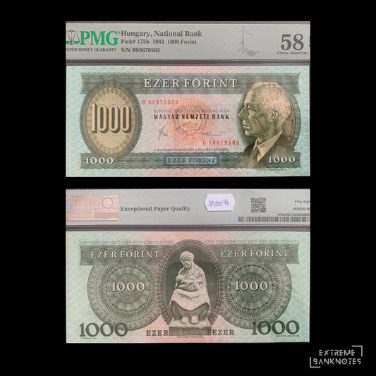 Hungary 1000 Forint 1983 P-173b PMG 58 choice AUNC EPQ – front and back