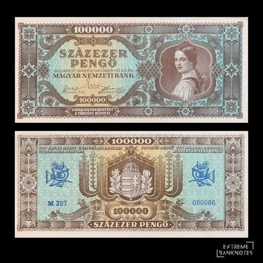 Hungary 100 000 Pengő 1945 P-121a AUNC – front and back