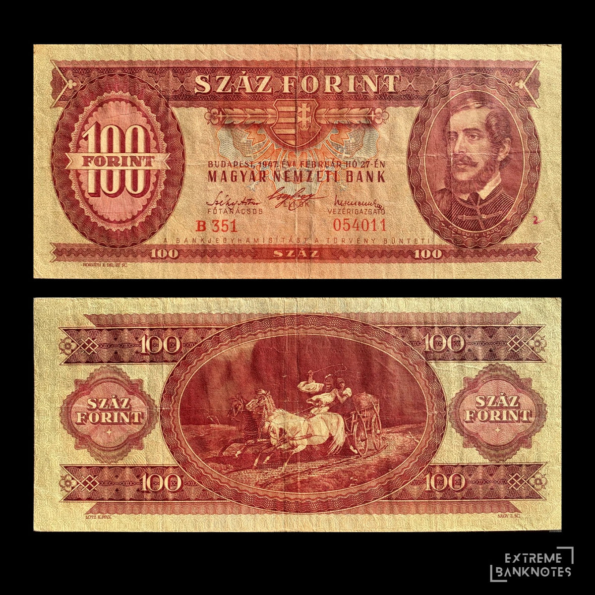 Hungary 100 Forint 1947 P-163 VF- – front and back