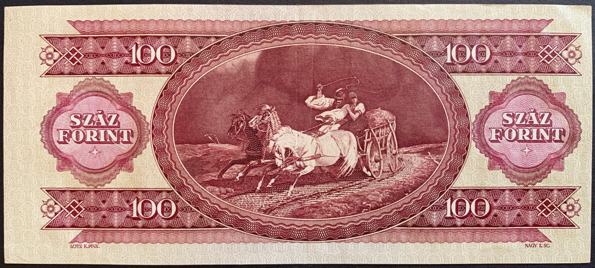 Back of Hungary 100 Forint 1984 P-171g VF banknote showing horse carriage