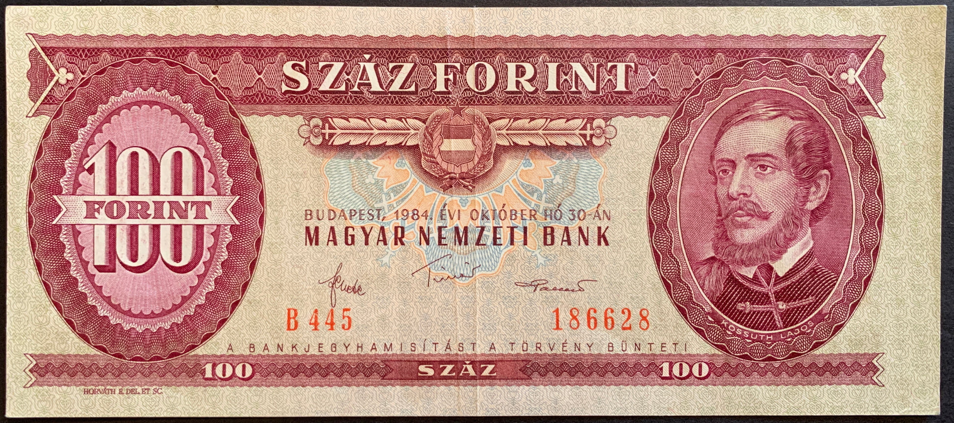 Front of Hungary 100 Forint 1984 P-171 VF vintage banknote featuring Count István Széchenyi