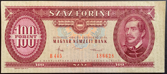 Front of Hungary 100 Forint 1984 P-171 VF vintage banknote featuring Count István Széchenyi