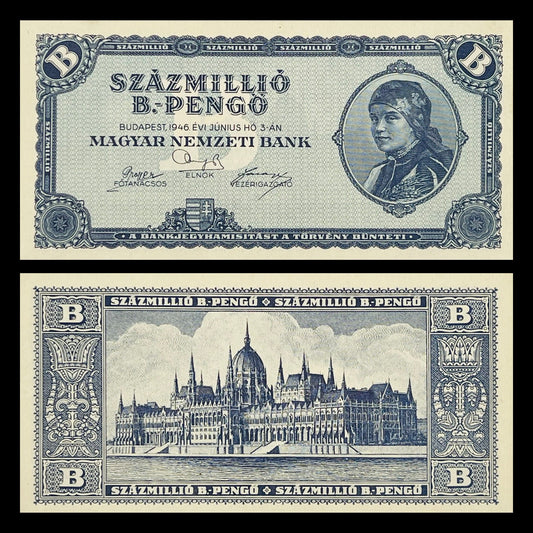 Hungary 100 Millió B.-Pengő 1946 P-136 banknote – front with a peasant woman in a headscarf, back with the Hungarian Parliament building