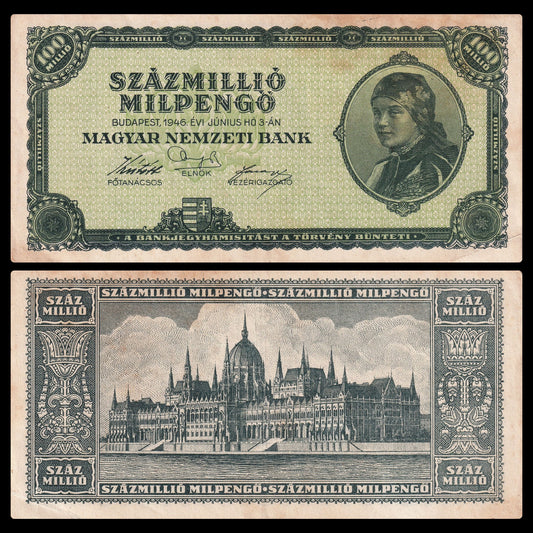 Hungary 100 Millió Milpengő 1946 P-130 banknote – front with a young woman in a headscarf, back with the Hungarian Parliament Building