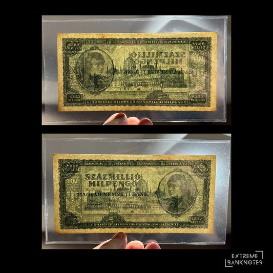 Hungary 100 Millió Milpengő 1946 P-130 (100,000,000,000,000 Pengos) – front and back