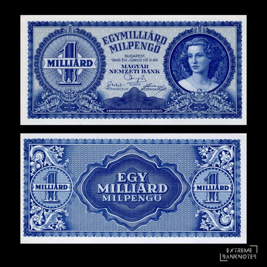 Hungary 1 Milliárd Milpengő 1946 P-131 (1,000,000,000,000,000 Pengos) – front and back