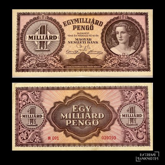 Hungary 1 Milliárd Pengő 1946 (1,000,000,000 Pengos) vintage hungarian hyperinflationary banknote