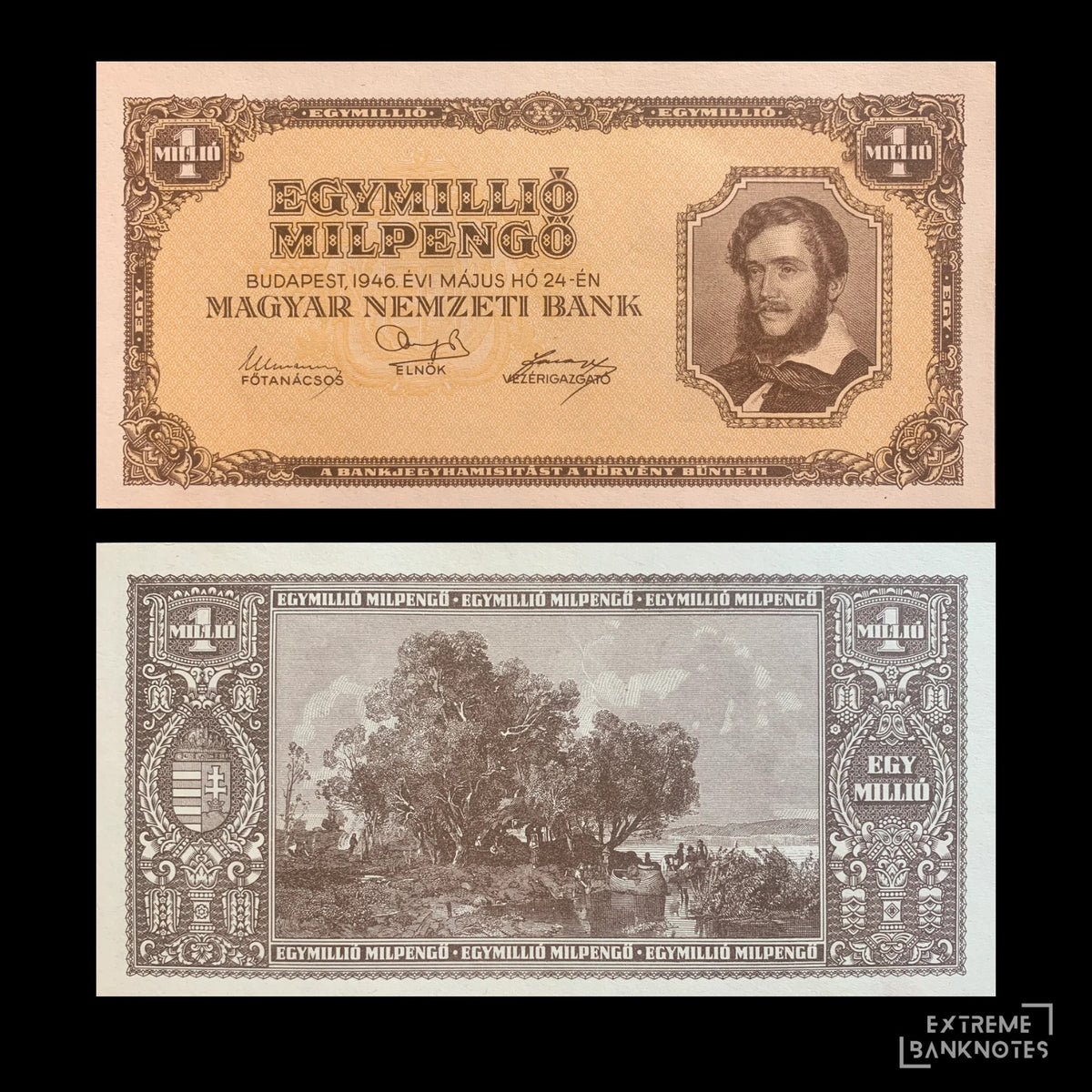 Hungary 1 million MILPengő 1946 P-128 AUNC – front and back