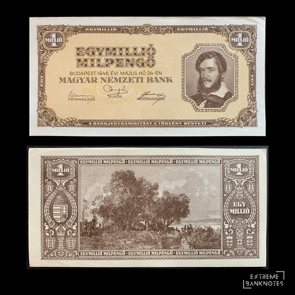 Hungary 1 million MILPengő 1946 P-128 EF – front and back