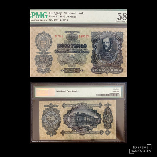 Hungary 20 Pengő 1930 PMG 58 AUNC EPQ P-97 – front and back