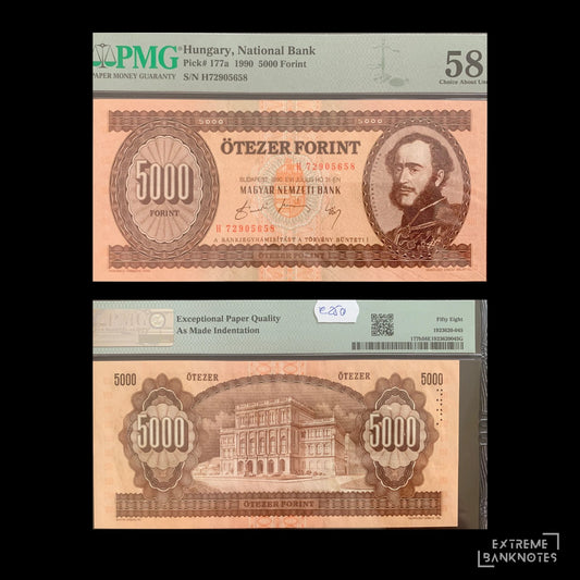 Hungary 5000 Forint 1990 P-177a choice AUNC PMG 58 EPQ – front and back