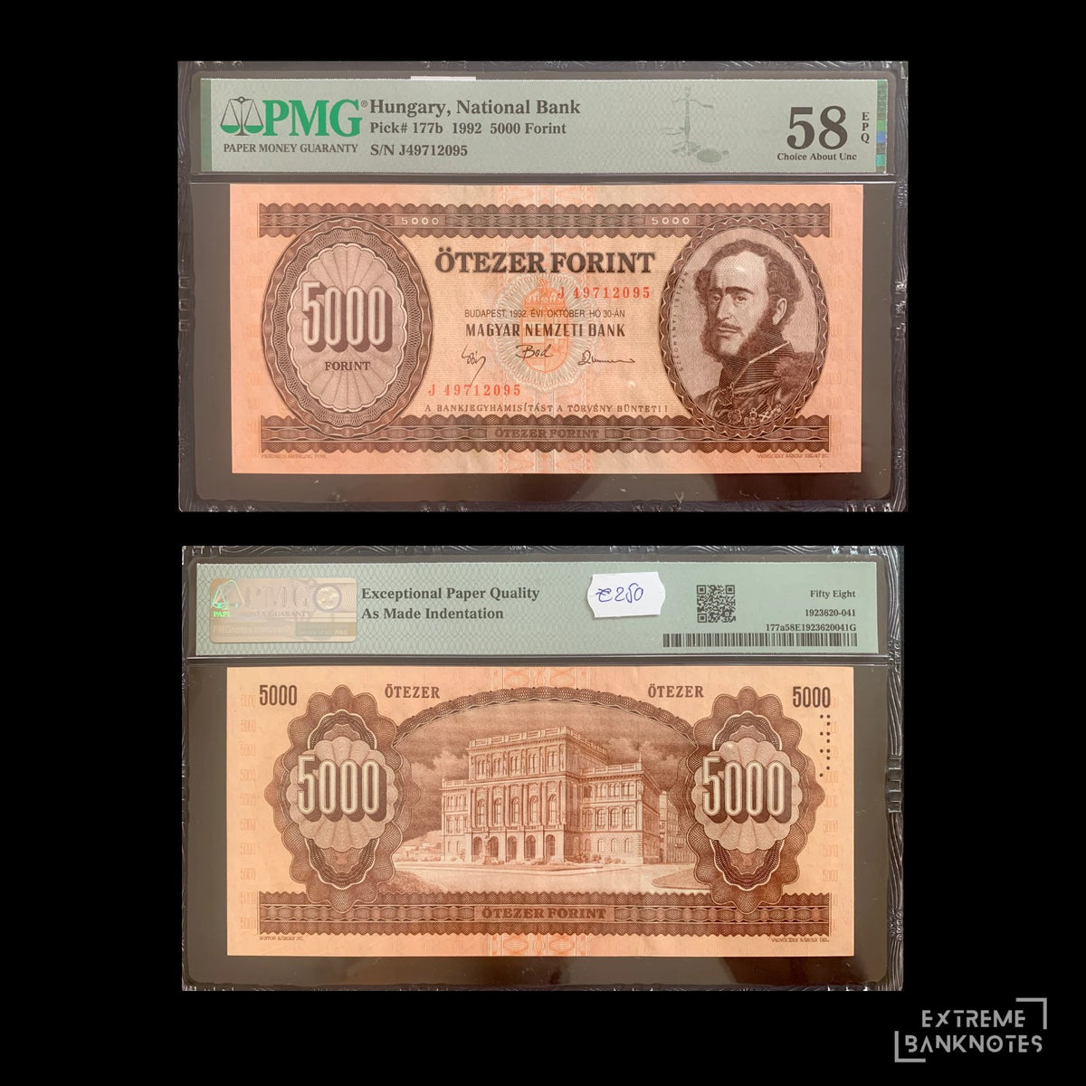 Hungary 5000 Forint 1992 P-177b choice AUNC PMG 58 EPQ – front and back