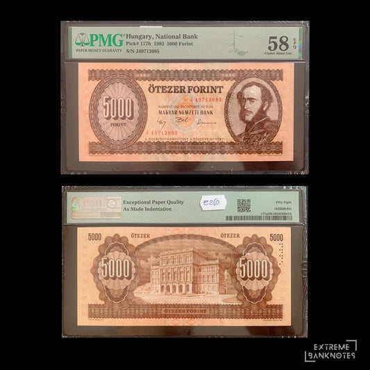 Hungary 5000 Forint 1992 P-177b choice AUNC PMG 58 EPQ – front and back