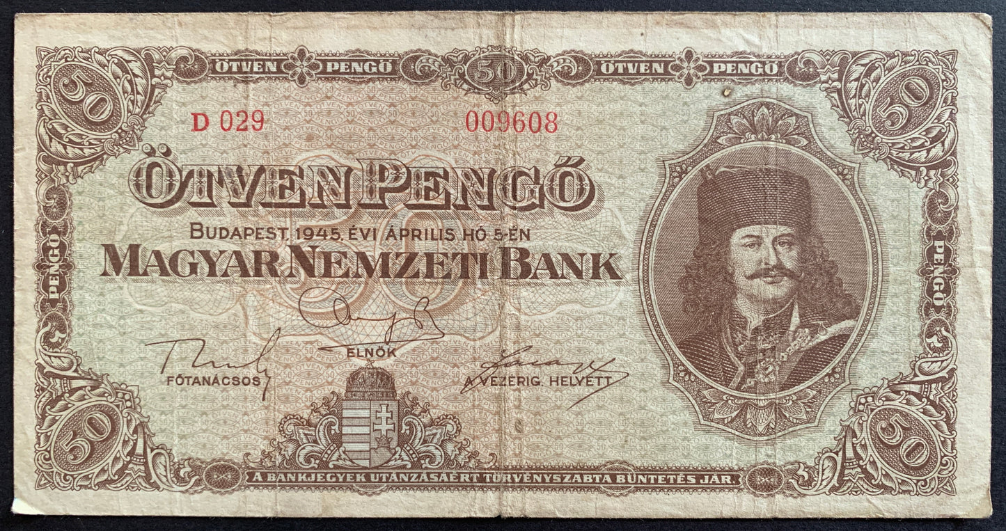Hungary 50 Pengő 1945 P-110 vintage hungarian banknote