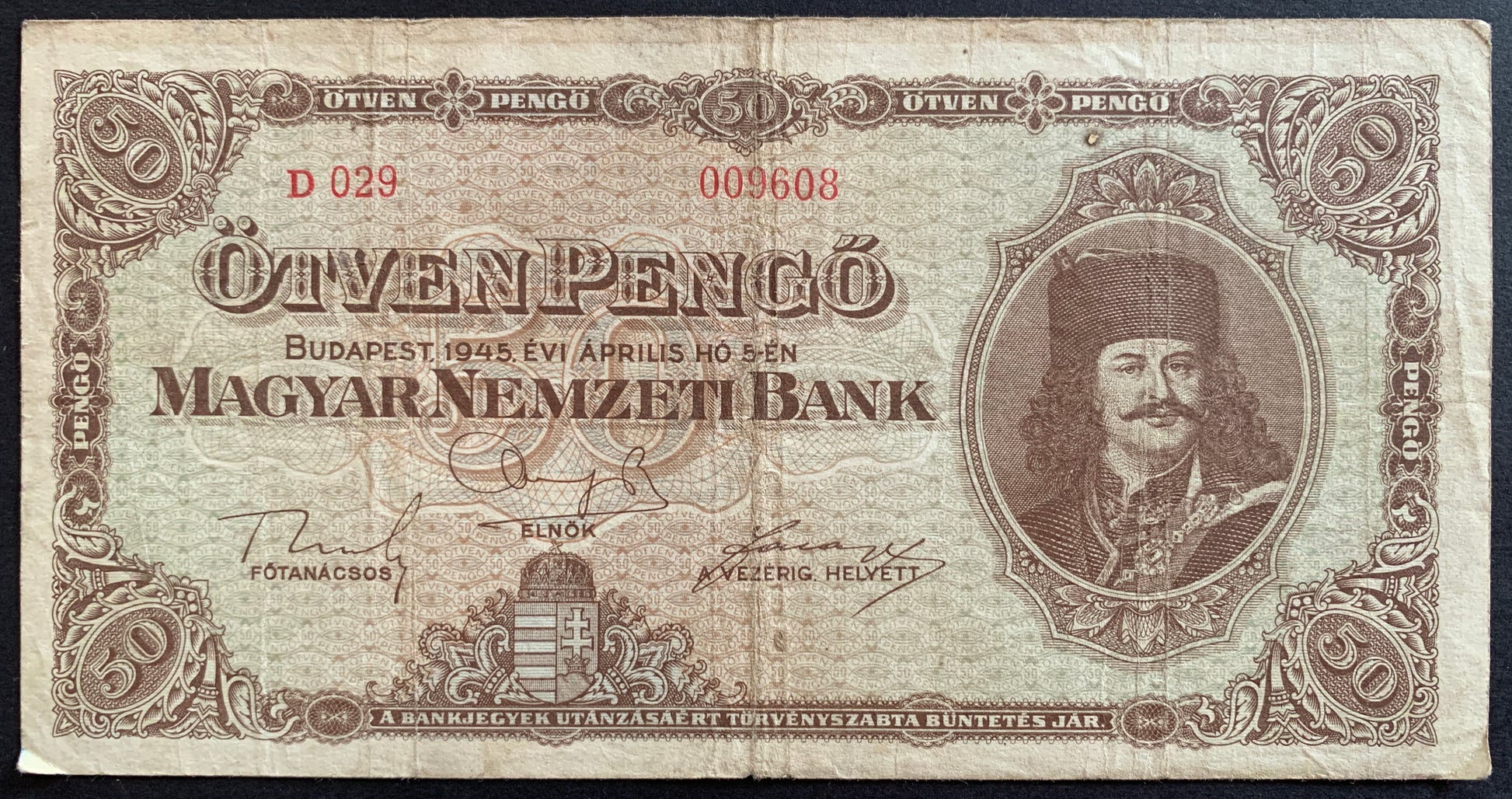 Hungary 50 Pengő 1945 P-110 vintage hungarian banknote