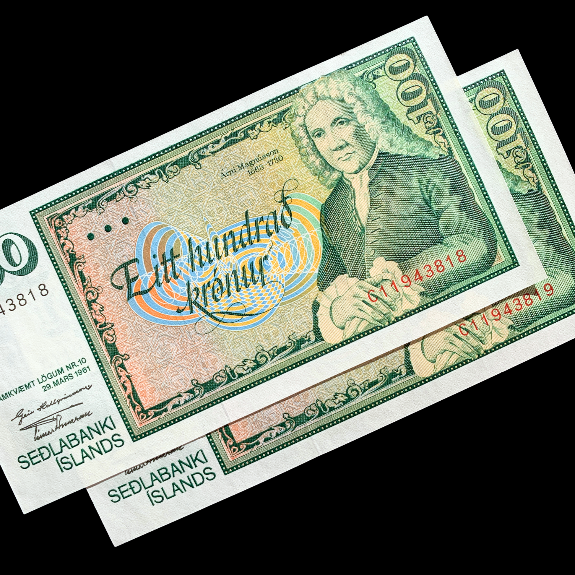 Iceland 100 Krónur ND (1981-1986) P-50 UNC Consecutive Banknote Pair on black background
