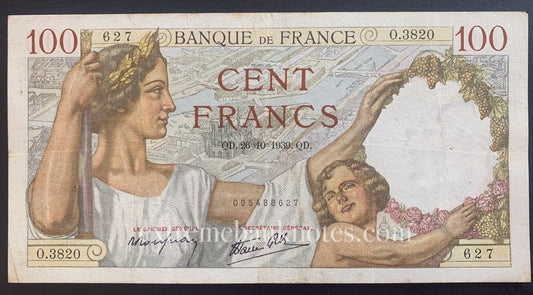 France 100 Francs 1939 P-94 VF