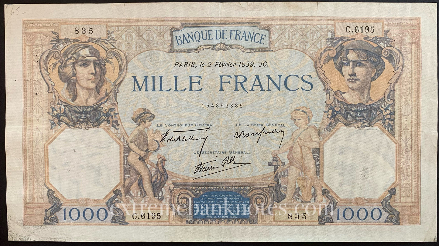 France 1000 Francs 1939 P-90c F+