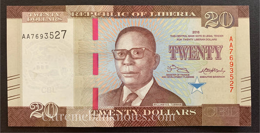 Liberia 20 Dollars 2016 P-33a UNC