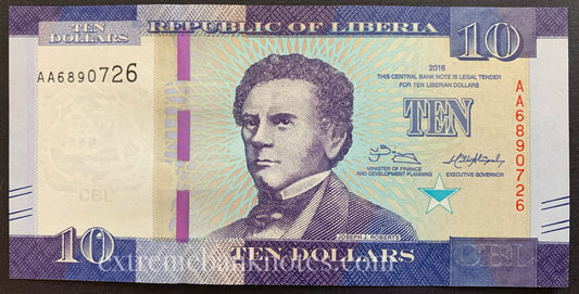 Liberia 10 Dollars 2016 P-32a UNC