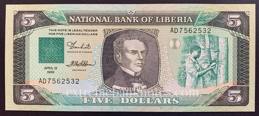 Liberia 5 Dollars 1989 P-19 UNC