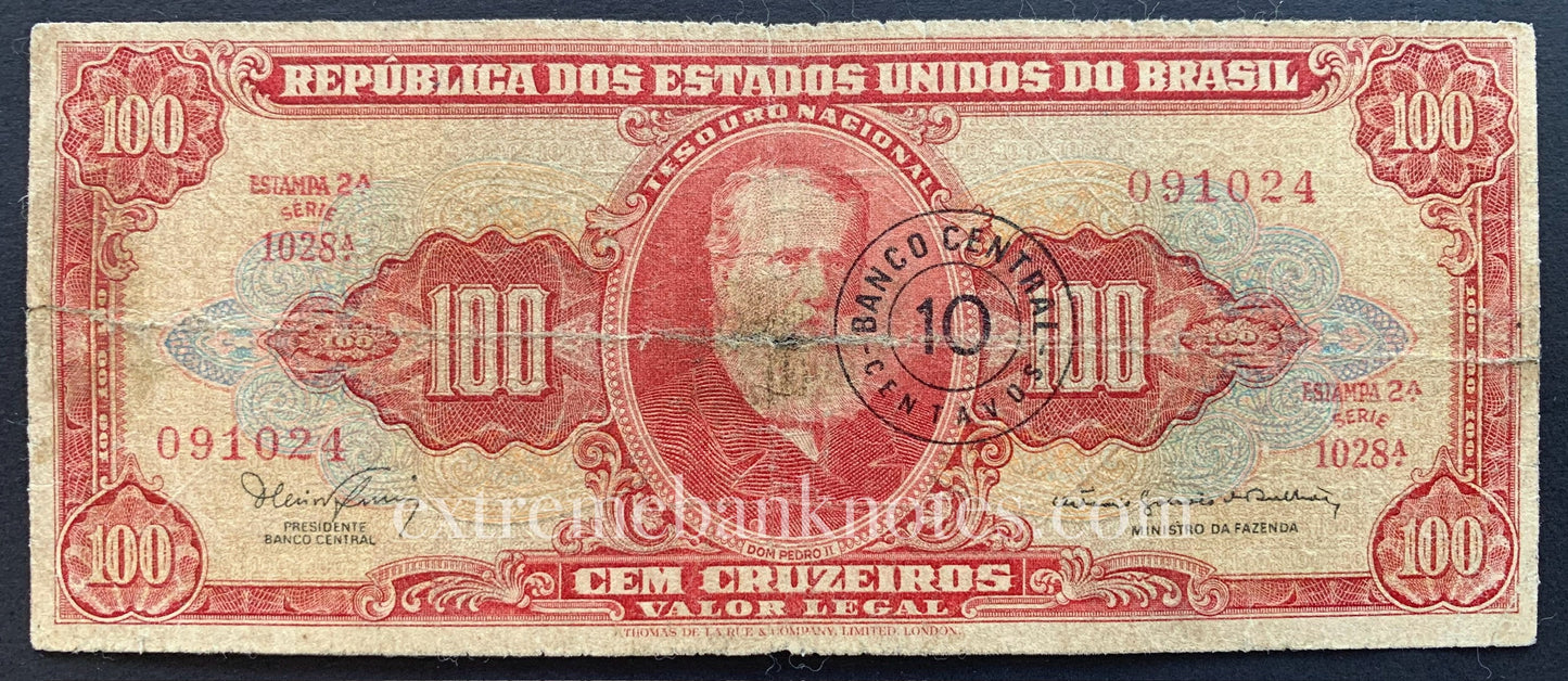 Brazil 10 Centavos ND (1967) P-185b F (overprint on 100 Cruzeiros)
