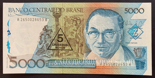 Brazil 5 Cruzados Novos ND (1989) P-217a UNC (overprint on 5000 Cruzados)