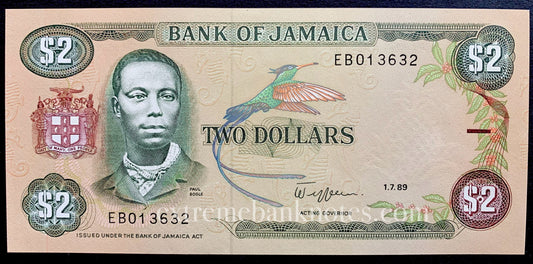 Jamaica 2 Dollars 1989 P-69c UNC