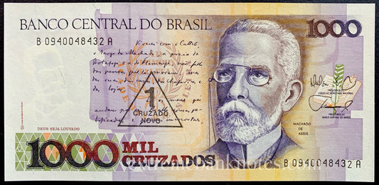 Brazil 1 Cruzado Novo ND (1989) P-216b UNC (overprint on 1000 Cruzados)