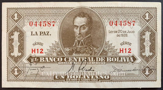 Bolivia 1 Boliviano 1928 P-128a VF