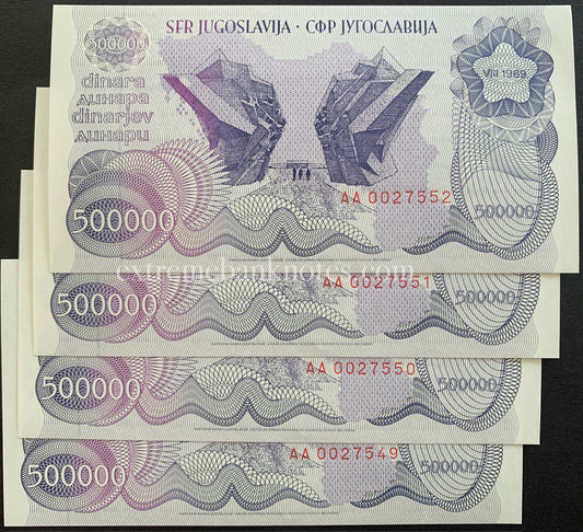 Yugoslavia 500 000 Dinara 1989 P-98 UNC consecutive serial numbers