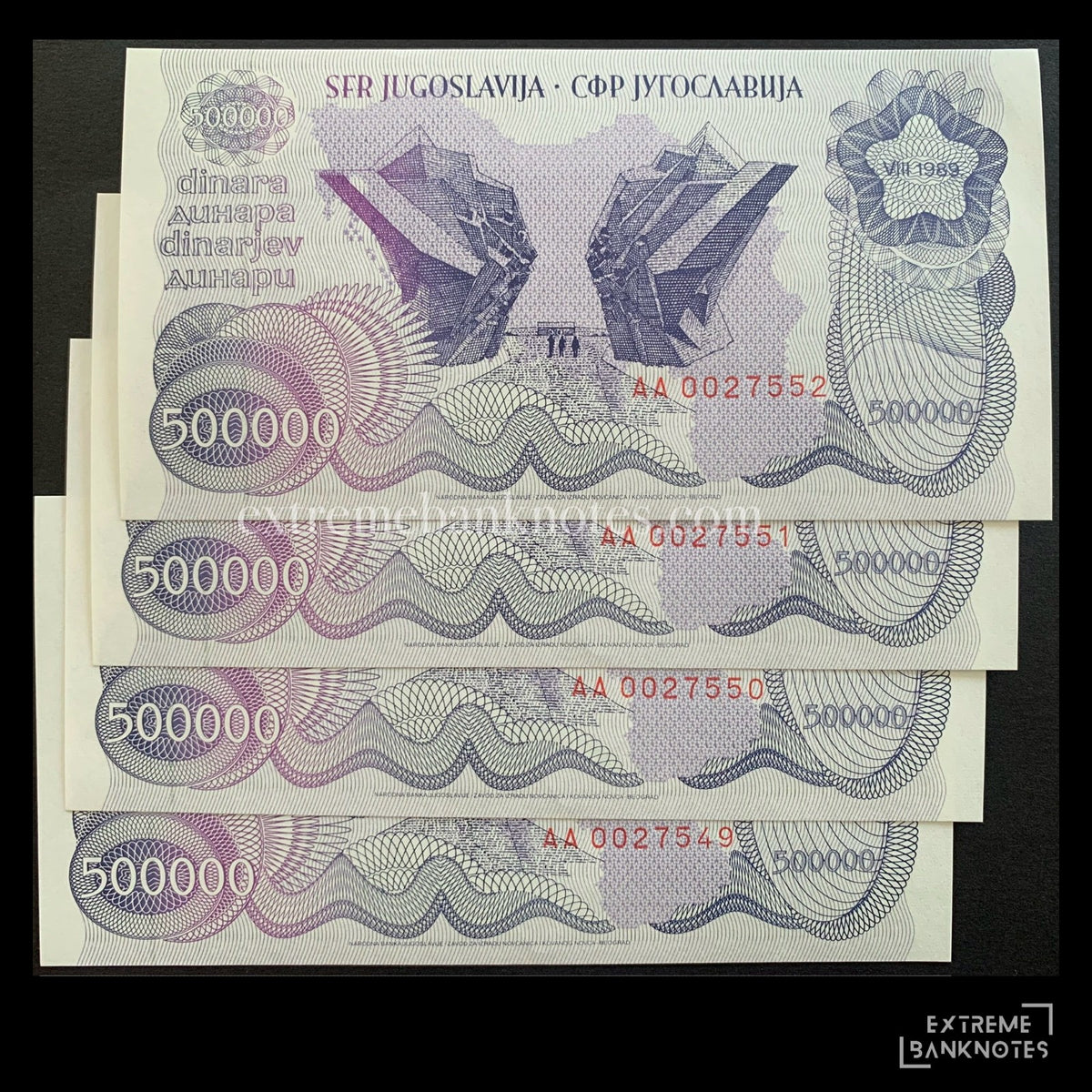Yugoslavia 500 000 Dinara 1989 P-98 UNC consecutive serial numbers