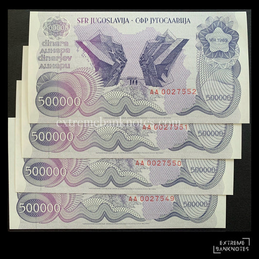 Yugoslavia 500 000 Dinara 1989 P-98 UNC consecutive serial numbers