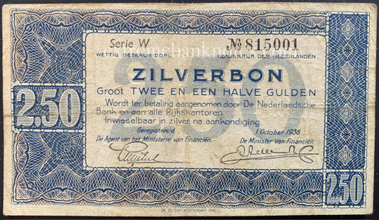Netherlands 2 1/2 Gulden 1938 P-62 VF