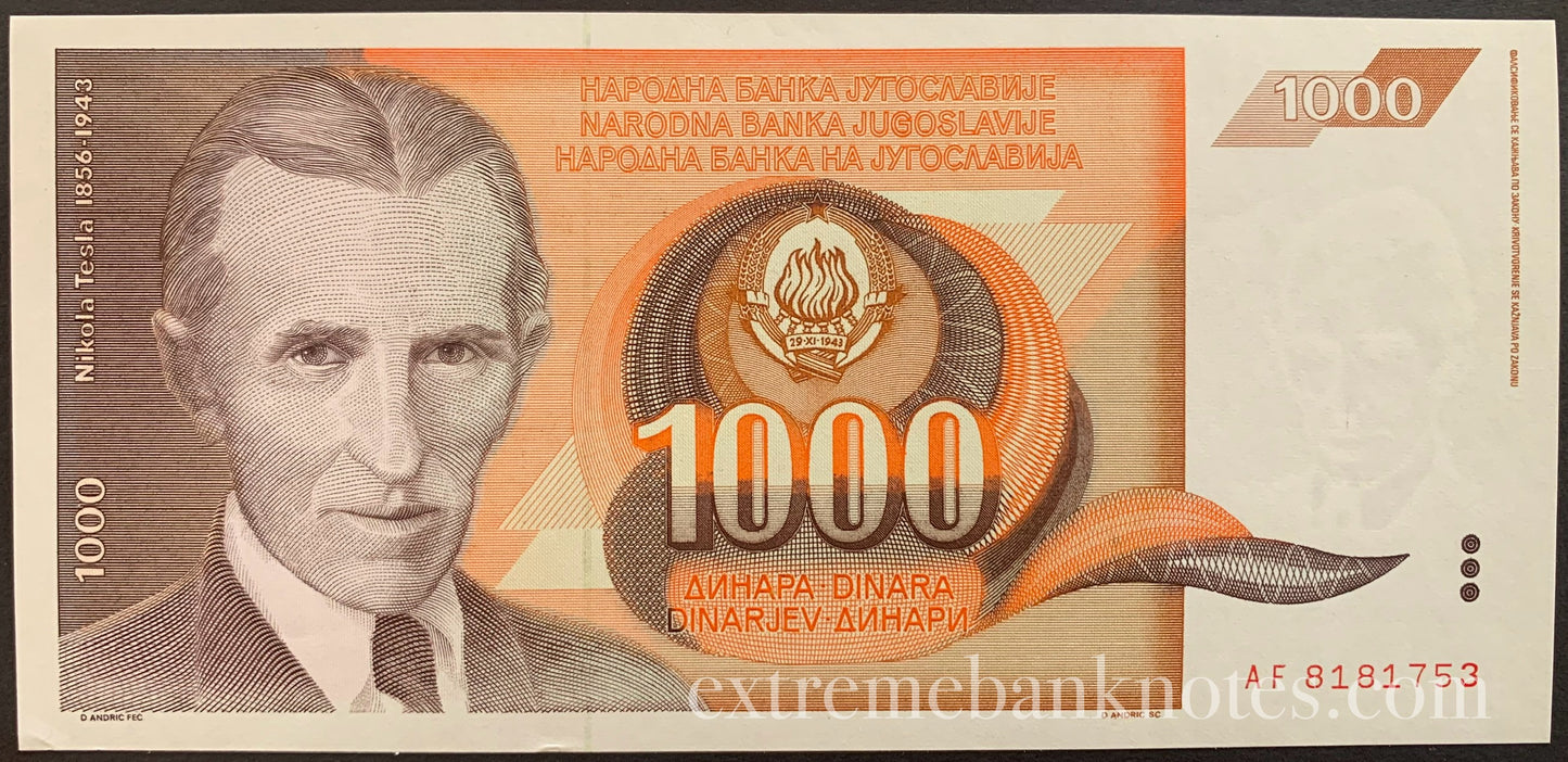 Yugoslavia 1000 Dinara 1990 P-107 UNC