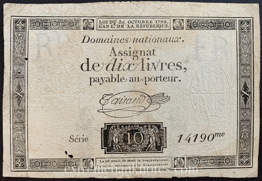France 10 Livres Assignat 1792 P-A66b G