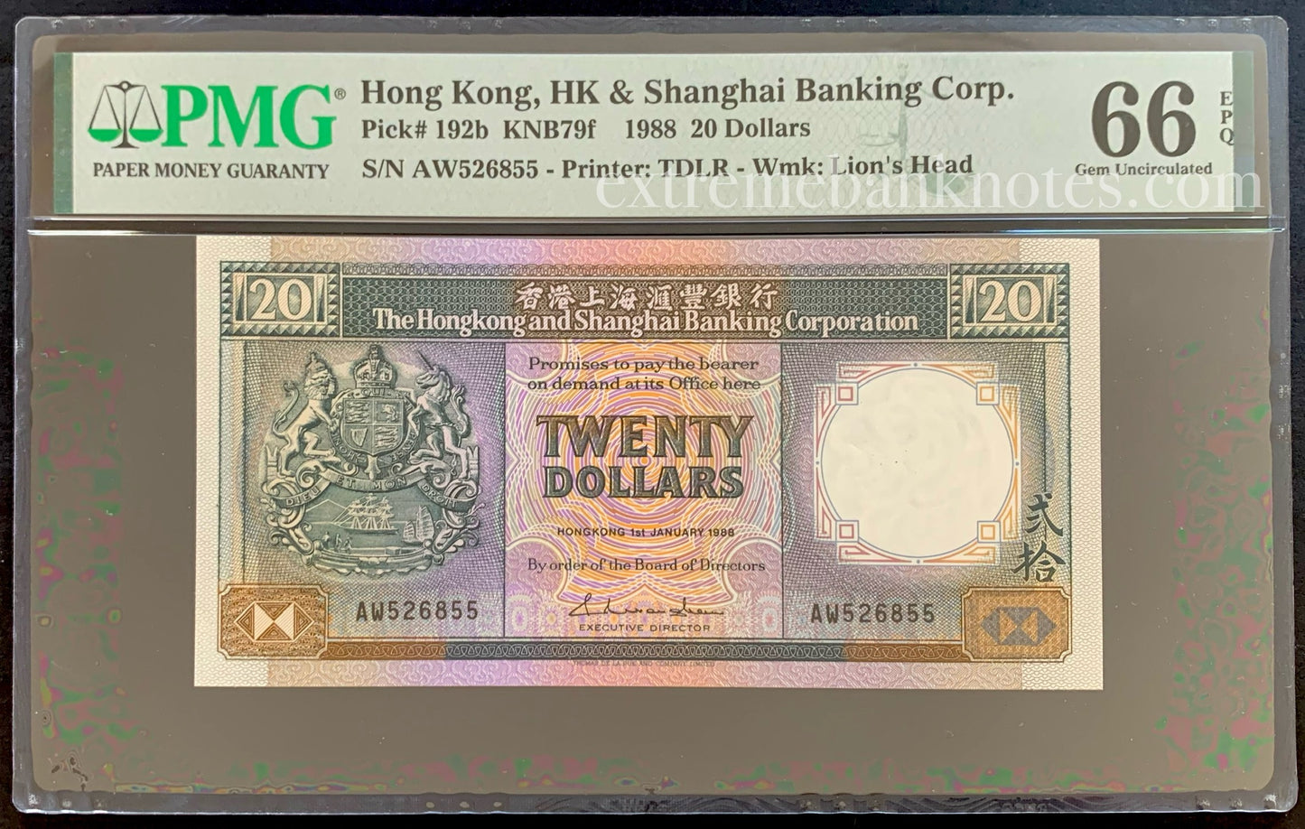 Hongkong and Shanghai 20 Dollars 1988 P-192b PMG 66 GEM UNC EPQ