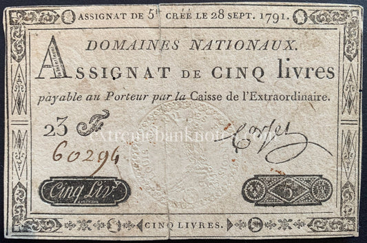 France 5 Livres Assignat 1791 P-A49 F