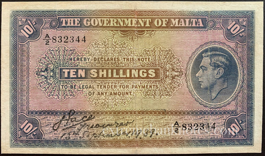 Malta 10 Shillings 1939 P-13 F