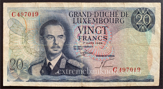 Luxembourg 20 Francs 1966 P-54b VF