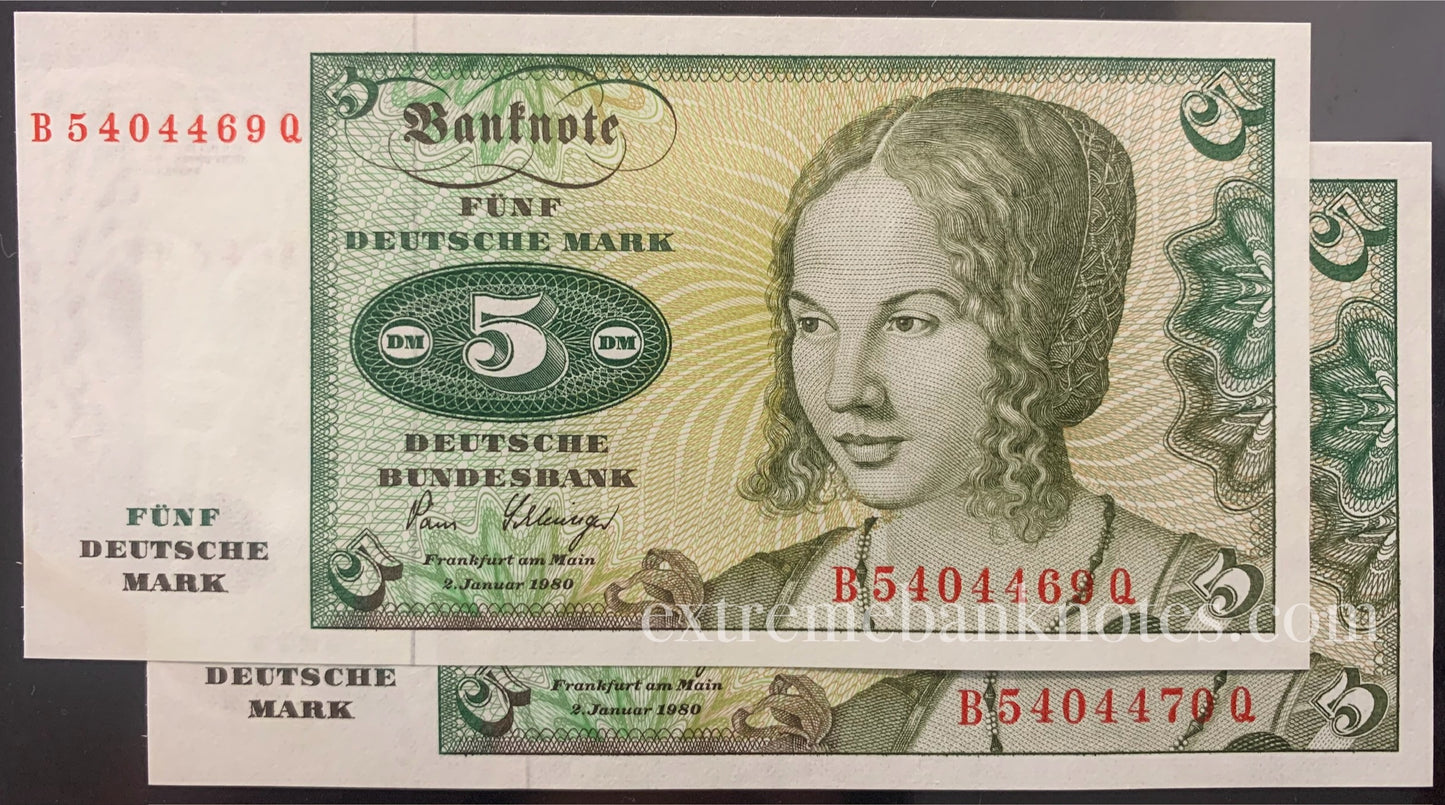 Germany 5 Mark 1980 P-30b UNC consecutive pair