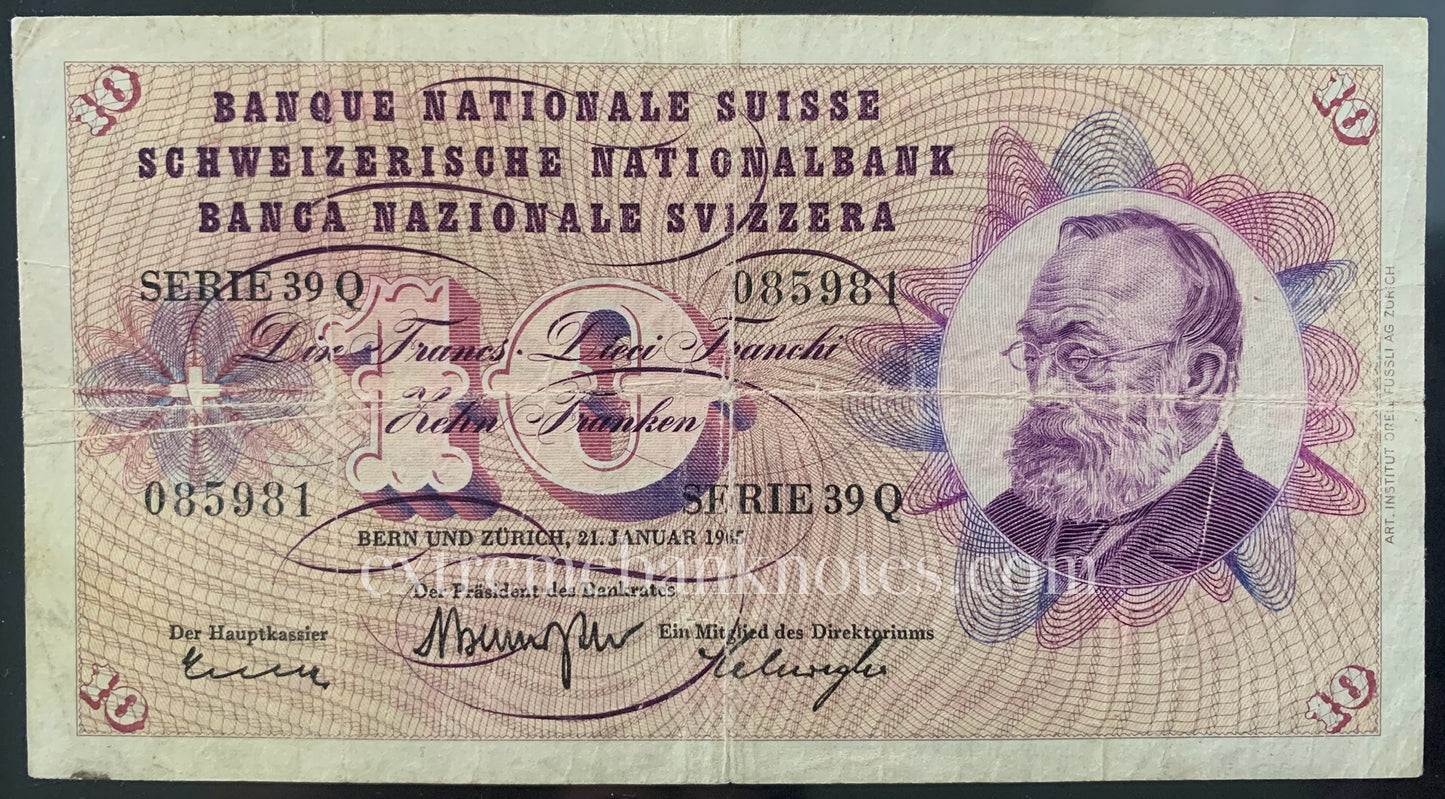Switzerland 10 Francs 1965 P-45j VF