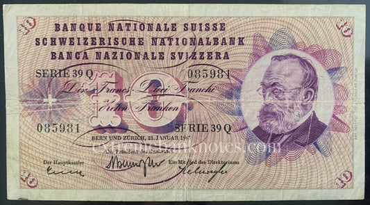 Switzerland 10 Francs 1965 P-45j VF