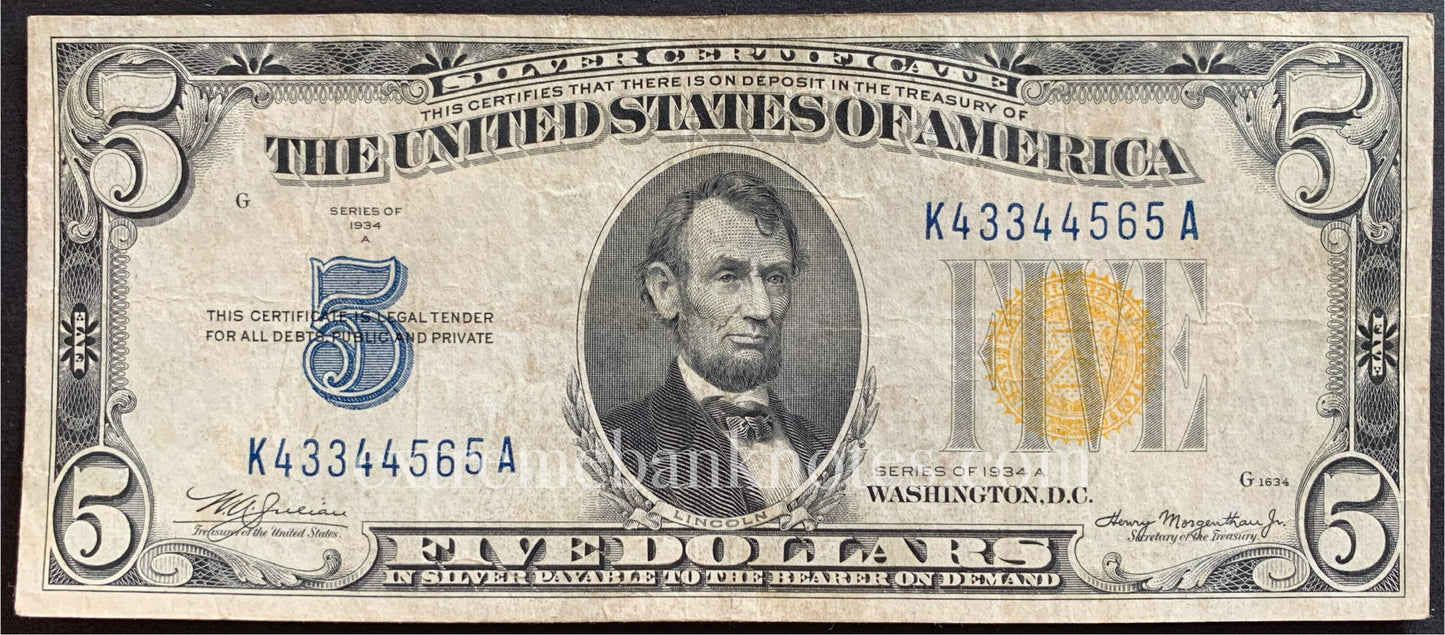 USA Silver Certificate 5 Dollars 1934 A P-414AY VF yellow seal