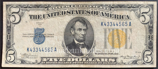 USA Silver Certificate 5 Dollars 1934 A P-414AY VF yellow seal