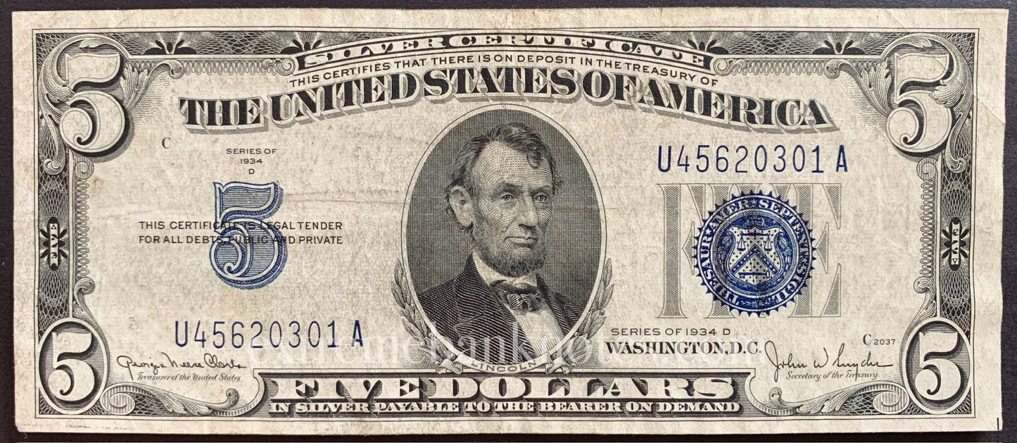 USA Silver Certificate 5 Dollars 1934 D P-414A VF