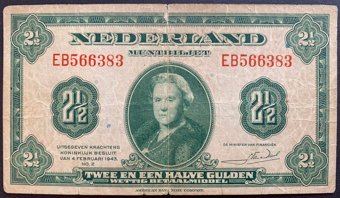 Netherlands 2½ Gulden 1943 P-65 F