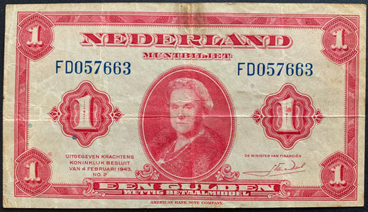 Netherlands 1 Gulden 1943 P-64 VF