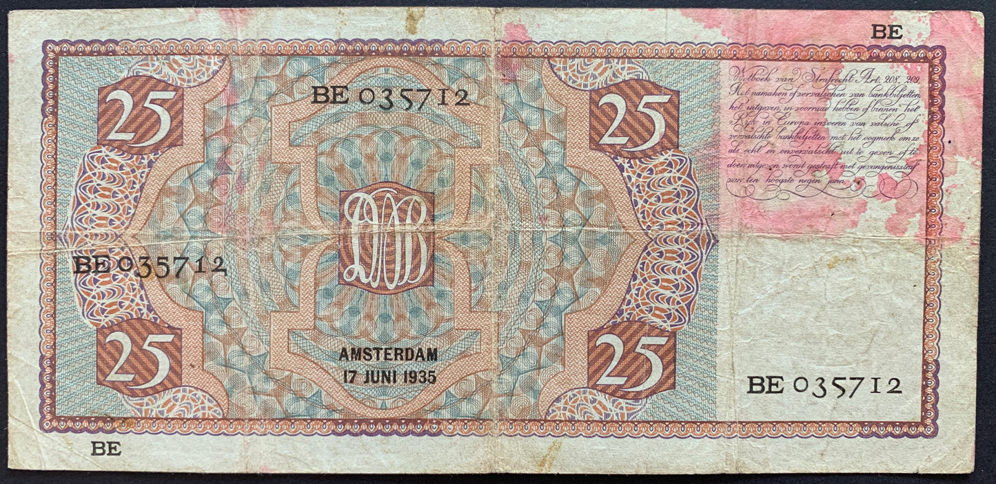Netherlands 25 Gulden 1935 P-50 F+